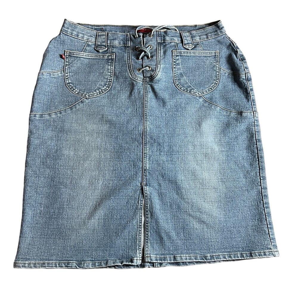 Vtg London Blue Vigoss Jean Skirt Size 1X Blue Denim Lace Up Front Slits Pockets